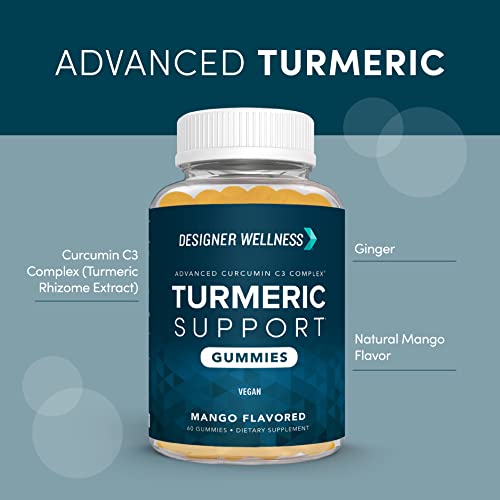 Designer Wellness, Turmeric Support Gummies With Advanced Curcumin C3 Complex, Vegan, Mango Flavor, 60 Count #TOP1