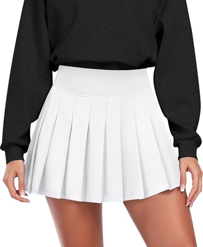 JoyGirl Womens Pleated Skirt with Shorts Tennis Skirt School Uniform Skirt Mini Skater Skirts Skorts with Pockets(#A White,Small)