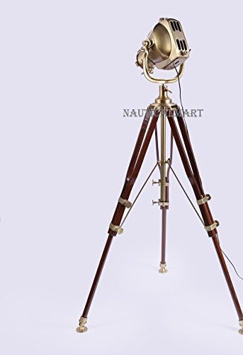 NauticalMart Royal Marine Brass and Wood Tripod Floor Lamp for Living Room
