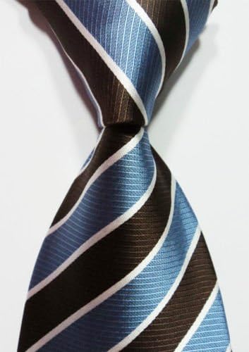 Scott Alone : New Classic White Brown Striped New Jacquard Woven Silk Men's Tie Necktie