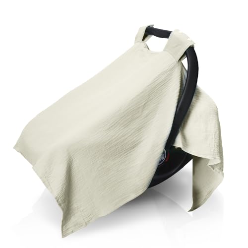 Image of Muslin Baby Car Seat Cover - 100% Organic, Breathable & Lightweight Infant Carseat Canopy for Babies Boys and Girls (Beige)