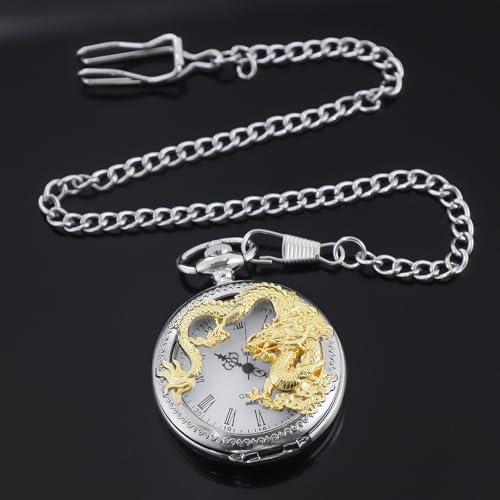 Image of Dragon Design Quartz Pocket Watch Roman Numerals with Chain Birthdays Gifts for Father's Days