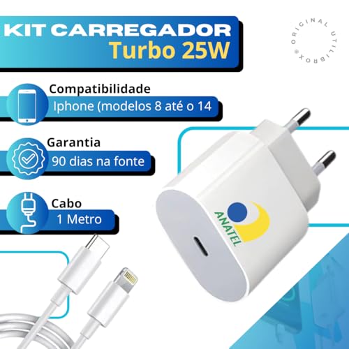 Carregador Turbo 25W p/iPhone, Cabo Usb-C-Lightning + Fonte Carregador Rápido, Compatível c/iPhone X