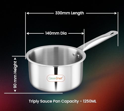 Image of Greenchef SS Tri ply Steel Crest - Sauce pan 14cm, Stainless Steel Exterior Surface, Ergonomic Handles, Induction Compatible, Scratch Resistant, 5Year Warranty