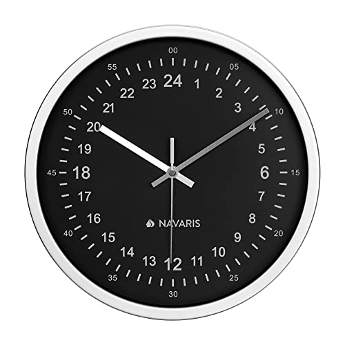 Navaris 24 Hour Wall Clock - 11.8" Analog Military Time Clock With Silent Movement Non-Ticking Hands - Battery Operated - Silver Frame With Black Face #TOP6
