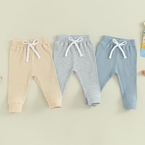 Unisex Baby Clothes Toddler Baby Boy Girl Joggers Pants Solid Drawstring Cotton Sweatpants Fall Winter Outfit (Grey+Apricot+Blue,0-6 Months)