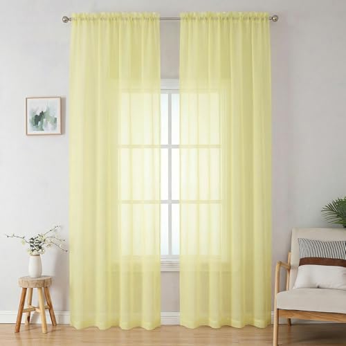 Image of OWENIE Sheer Curtains 96 inches Long 2 Panels Set for Living Room /Bedroom, Rod Pocket Voile Sheer Panel Drapes, Airy Soft Fabric Window Treatments, 2pcs, Each 42 inch W x 96 inch L, Light Yellow