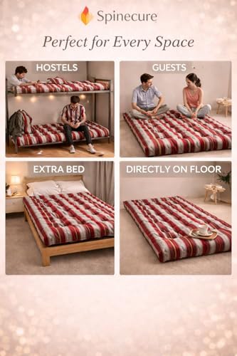 Image of Adim's Handmade Traditional Quilt Gadda Mattress, Red Lining, Small Single, Pure Cotton Fabric, Cotton Filled, Firm, Reversible Design, 2.5 x 6 ft or 72 x 30 Inches