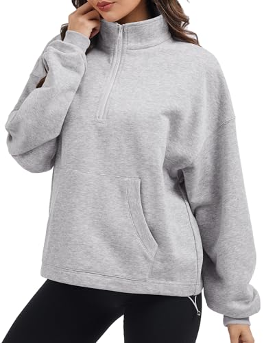 Florboom Women's Sweatshirts Half Zip 3 Quarter Zipper Long Sleeve Oversized Cotton Pullover with Pockets (Grey S)