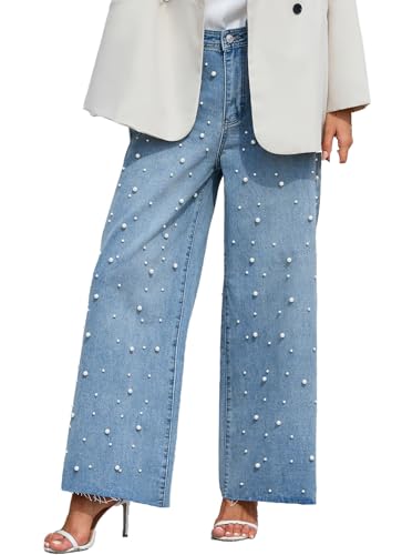 Ladyful Women's Wide Leg Pearl Jeans High Waist Boyfriend Baggy Stretchy Casual Denim Pant Trouser Light Blue