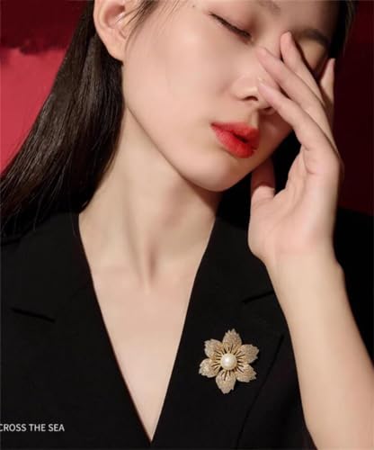 Image of Crystal Pearl Flower Brooch Bauhinia Rhinestone Lapel Pin Vintage Elegant Floral Pearl Badge Pin Clothing Accessory Jewelry Gift
