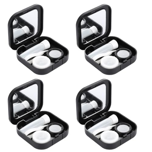 ASelected 4 Pcs Contact Lens Cases with Mirror Portable Travel Contact Lens Case with Tweezers & Suction Stick & Solution Bottle Leakproof Contact Lens Container with L and R Caps for Travel