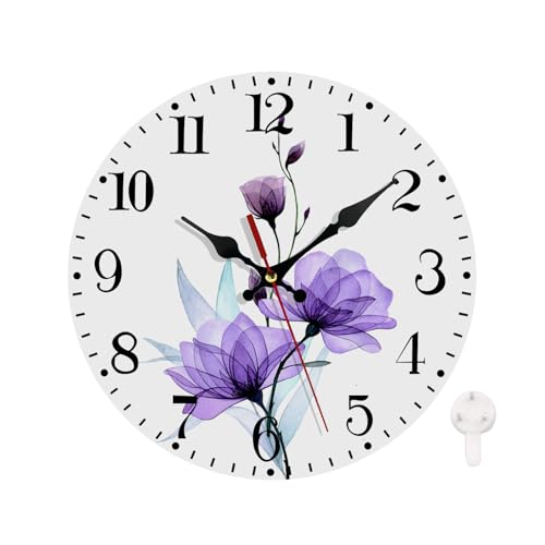 Ansouyi Round Wall Clock Battery Operated Clocks Wallclock 10 Inch,X-Ray Purple Roses Flowers and Leaves Silent Non Ticking Wall Clock for Living Room,Kitchen,Home,Bathroom,Bedroom,Office or School