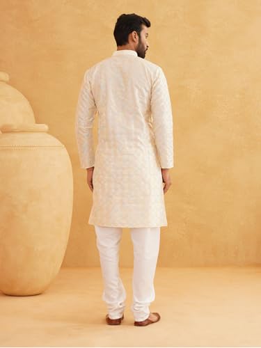 Sojanya (Since 1958 Men'S Silk Blend Cream Kurta With Multi Color Embroidery4