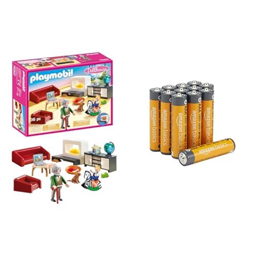 PLAYMOBIL Dollhouse Salón, Efectos luz, 4+ años, 70207, & Pilas AAA Alcalinas Amazon Basics 12 Unidades, 10 años