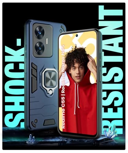 Image of WOW IMAGINE Shock Proof Back Case Mobile Cover for Realme C55 | Realme Narzo N55 | Back Cover Case (Tough Armor | Hybrid PC + TPU | Ring Holder & in-Built Kickstand | Blue)