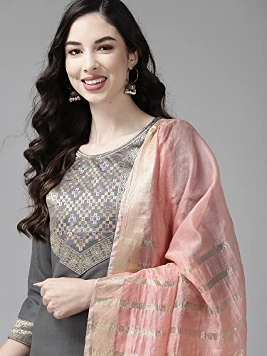 Image of INDO ERA Women's Cotton Blend Yoke Design Straight Kurta with Pant & Dupatta Set