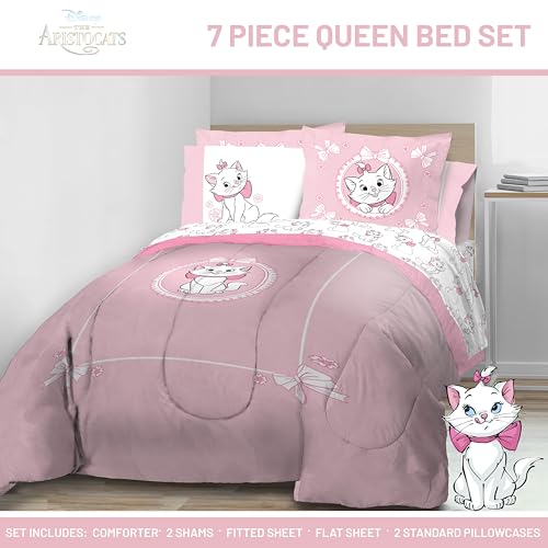 Image of Disney Aristocats Marie Queen Comforter Set 7 Piece Kids Bedding, Pink | Bed in a Bag, Comforter Sheets Shams Pillowcases, Official Brand, Soft Microfiber, Machine Washable, Girls Gift