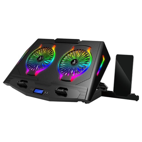 TAG Gamerz Thunder Laptop Cooling Pad – 2 Silent RGB Turbo Fans, 7 RGB Modes, Detachable Mobile Holder, 17 inch Notebook Support, 5 Level Height Adjustment, LCD Display, Dual USB Hub, Antislip Baffle