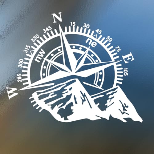 Mountain Compass Vinyl Decal – 7x7 Inch White Adventure Sticker for Car, Truck, Camper, or Laptop – Waterproof Outdoor Travel Vinyl for Hikers, Campers & Explorers