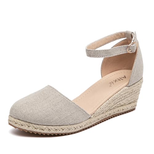 Altxic Women's Closed Toe Comfortable Canvas Ankle Strap Espadrilles Wedge Sandals Light Apricot 8.5 US