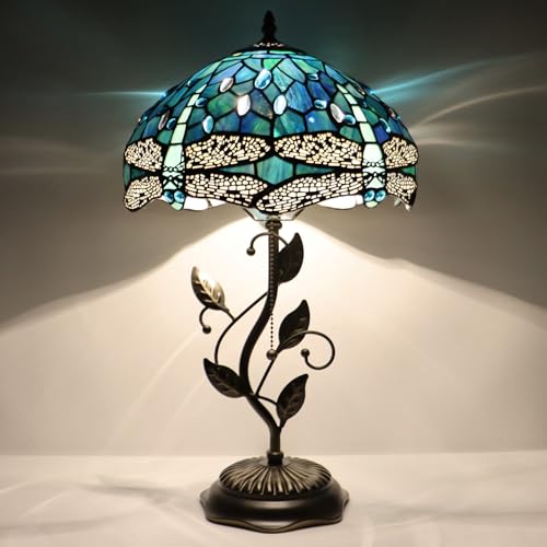 LXHCYOU Tiffany Table Lamp, Stained Glass Desk Light, W12H19 Inch, Metal Leaf Base (Dragonfly Style)