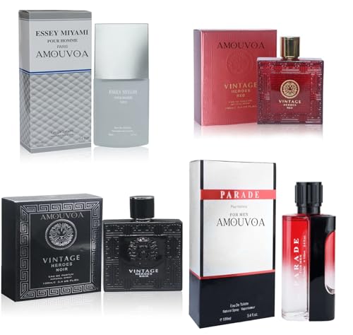 AMOUVOA 4Pc Set Cologne for Men (Parade Essey Miyami Vintage Red&Black) Classic Collection Bottles, Eau de Toilette Natural Spray - Woody Scent - Holiday Gift Each 3.4 Fl Oz