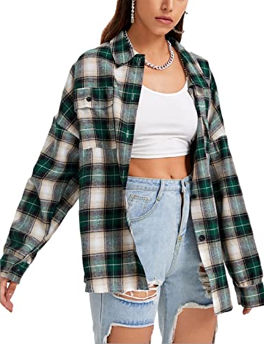 Womens Classic Plaid Shirt Long Sleeve Cotton Button Down Up Shirts Stylish Oversized Loose Fit Blouse V Neck Tops