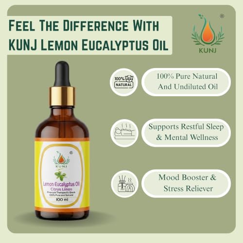 Image of KUNJ Lemon Eucalyptus Essential Oil 100ml - 100% Pure Steam Distilled Corymbia citriodora Oil for Aromatherapy, Diffuser, Spa, Home Fragrance, Fresh Citrus Aroma & DIY Beauty Blends