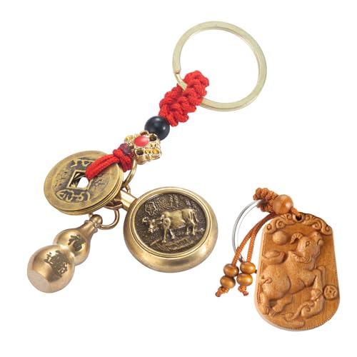 Wangenbro 2 in 1 Feng Shui Wu Lou Brass Gourd 12 Zodiac Wood Carved Lucky Key Chain - Chinese Style Gift for Collecting and Gifting(Ox)