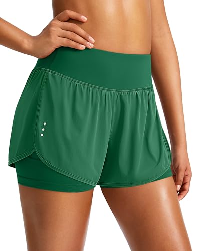 Soothfeel Women's Running Shorts with Zipper Pocket 2 in 1 High Wasited Workout Athletic Gym Yoga Spandex Shorts for Women (Green, S)