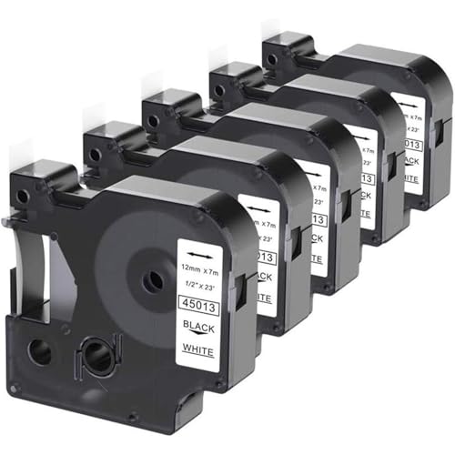Camopro 5-Pack Replacement for Dymo D1 Label Tape 1/2 inch Black on White 45013 S0720530 Compatible with Dymo LabelManager PnP 160 210D 260P 280 360D 420P 450D Label Maker 12mmx7m 23Ft