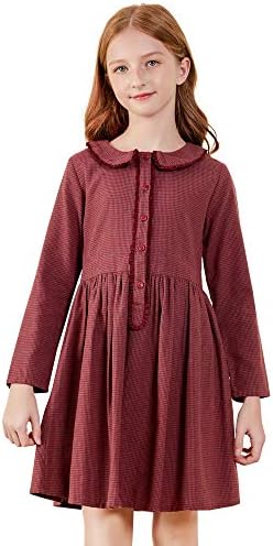 SOLOCOTE Girls Plaid Dress Cotton Casual Spring Long Sleeve Dresses Peter Pan Collar 191114 Burgundy F 13-14Y