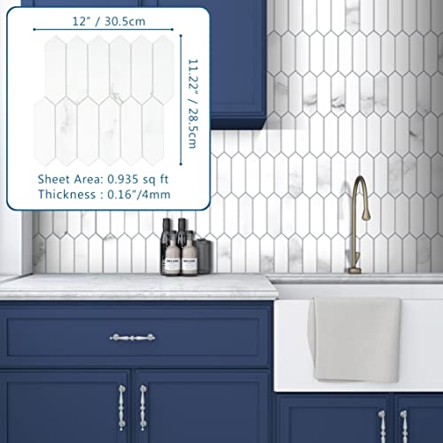 Sunwings Backsplash Tile For Kitchen Peel And Stick, Stone Composite Self Adhesive Tiles Faux Marble Pattern Long Hexagon Mosaic Wall Tile For Kitchen, 12 Inch X 11.22 Inch 10 Sheets White Marble #TOP1