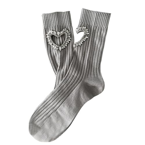 Fashion Rhinestone Heart Shaped Crew Ankle Socks for Women, Bling Crystal Sweet Heart Princess Socks (Grey)