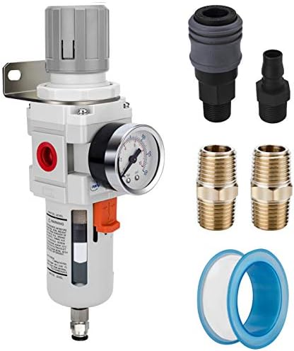 NANPU 1/2" NPT Compressed Air Filter Regulator Combo Piggyback, 5 Micron Brass Element, Poly Bowl, Semi-Auto Drain, Metal Bracket, 0-150 psi Gauge