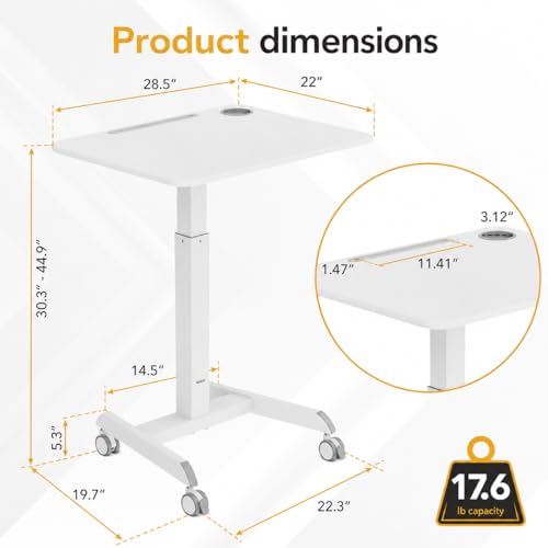 Image of Mount-It! Laptop Cart Rolling Desk Adjustable Height with 28.5 inch x 22 inch Tabletop, Ergonomic Sit-Stand Workstation on Wheels Portable for Home Office, Dorm, Classroom, White