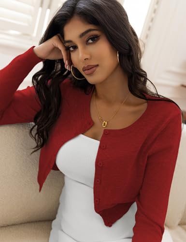 Image of Women's Cropped Cardigan Sweaters Crew Neck Button Down Open Front Knit Bolero Shrugs