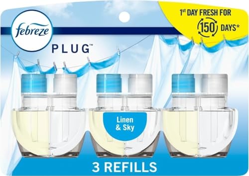Image of Febreze Plug-In Air Freshener, Odor-Fighting Scented Oil Refill, Air Fresheners for Home and Bathroom and Kitchen, Long Lasting for Strong Odors, Linen & Sky Scent, 0.87oz Refills, 3 Count (Pack of 1)