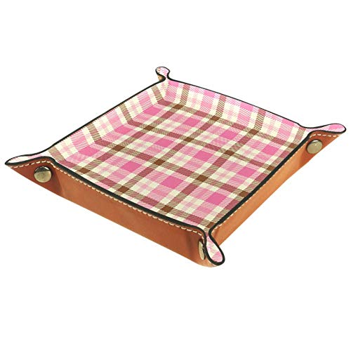 Preisvergleich Produktbild ASDQWE Schmuck-Tablett aus Leder, mit Schnappverschluss, für Schlüssel, Handy, Münzen, Geldbörse, Uhren etc., Rosa Braun Weiß Plaid (2), 16 x 16 cm