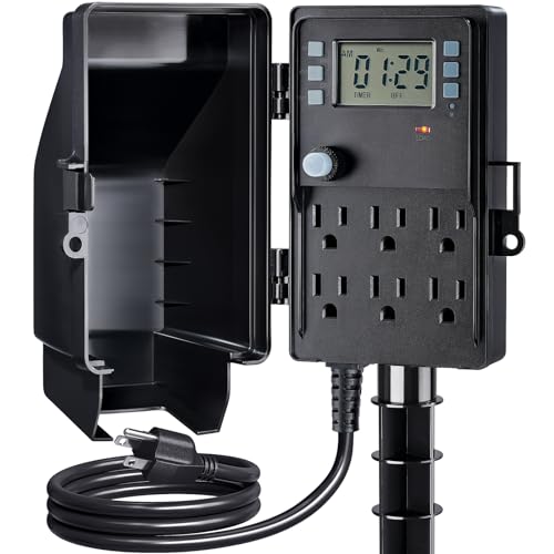 Condition photo showing Good Condition for SURAIELEC Outdoor Power Stake, 7-Day Programmable Digital Timer, Power Strip Weatherproof, 6 Multi Plug Electrical Outlet Waterproof, 6FT Extension Cord, for Outside Yard Light, Halloween Decorations