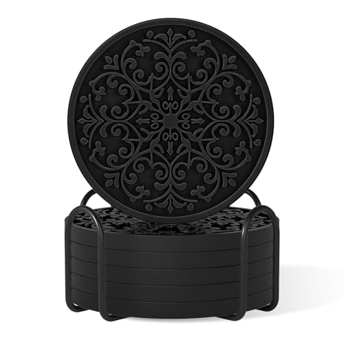 Drink Coasters, Coasters Set of 6 for Cup with Holder, Non-Slip Silicone Cup Mats for Hot and Cold Drinks, Cute Absorbent Coffee Bar Accessories Table Decor, Black