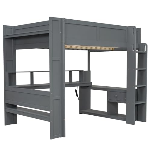 Image of Full Size Gaming Loft Bed with Desk & Storage Drawers & Shelves & Charging Station & LED,Wood Loft Bed Frame with Cabinets,Bookshelf,Safety Guardrail and Ladder for Gamers Kids Teens Aldults,Dark Gray