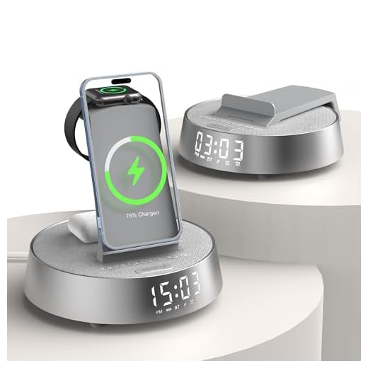 Alarm Clock Charging Station for Bedrooms, Wireless Charging Station with Dimmable Night Light Bluetooth Speaker, Mag-Safe Charger for iPhone 16 15 14 13 12 Pro Max, Apple Watch