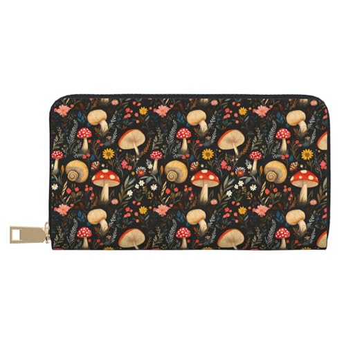 Leather Thin Slim Wallets for Women & Men - Cute Mushroom Snails Print Card Wallet Holder with Zipper