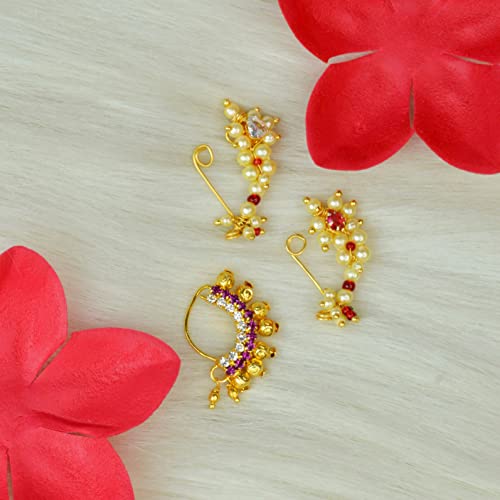 Image of Medium Size Traditional Maharashtrian Banu Nath Nose ring without piercing Pearl Gold Plated Nath Combo Clip On Nose Ring For Women