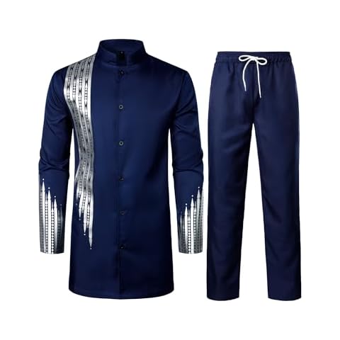 ZEROYAA Men's Traditional Suit Long Sleeve Button up African Dashiki Shirt and Pants Ethnic 2 Piece Outfit Indigo Blue Large Cover