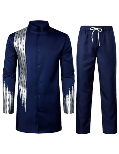ZEROYAA Men's Traditional Suit Long Sleeve Button up African Foil Stamping Dashiki  Shirt and Pants Ethnic 2 Piece Outfit