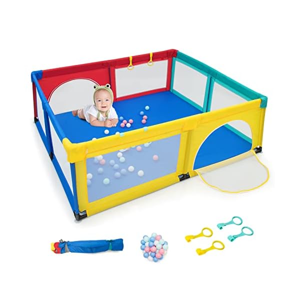 Glacer extra large baby playpen wmat safety baby play yard activity center wgates mesh walls suction cups 50 ocean balls 4 pull up rings portable indoor outdoor baby playpen colorful  urban country home decor