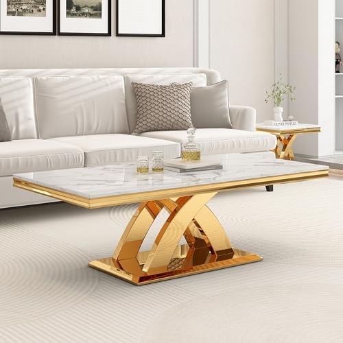 47" Marble Coffee Table with X Shape Base, Gold White Center Tabl...